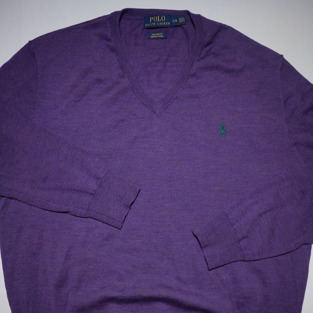Ralph Lauren Purple V-Neck Sweater Merino Wool Size L